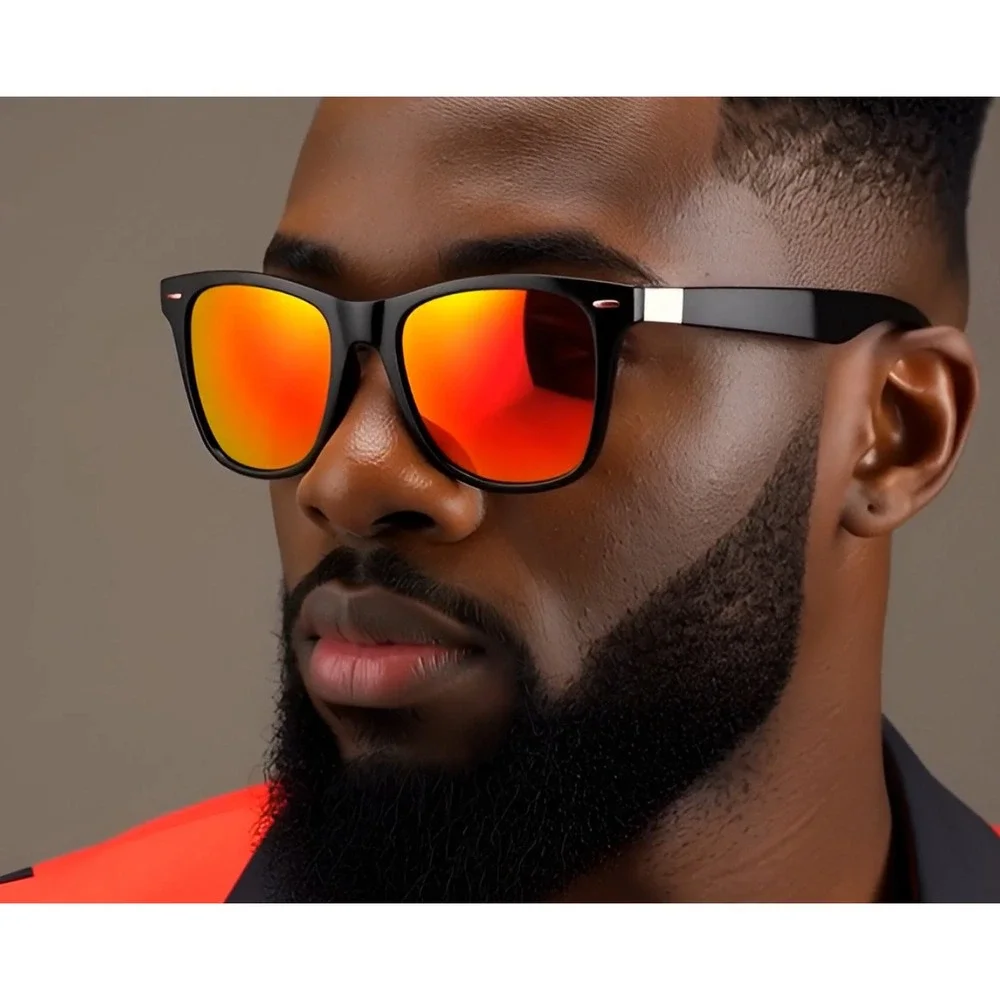 Mens Black Frame Polarized Sunglasses Red Mirror Lens UV400 Street Wear‎ Lentes